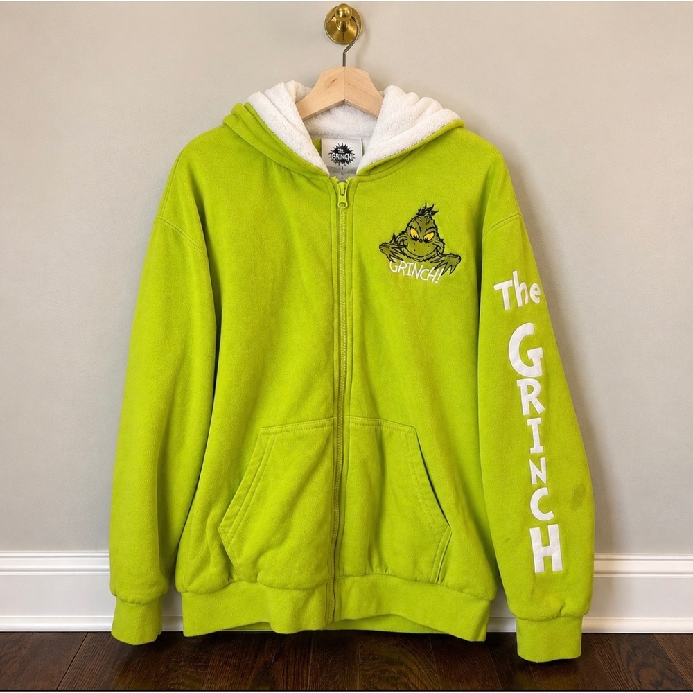 Dr Seuss The Grinch Full Zip Hoodie Lime Green Sherpa Lined Hood Large